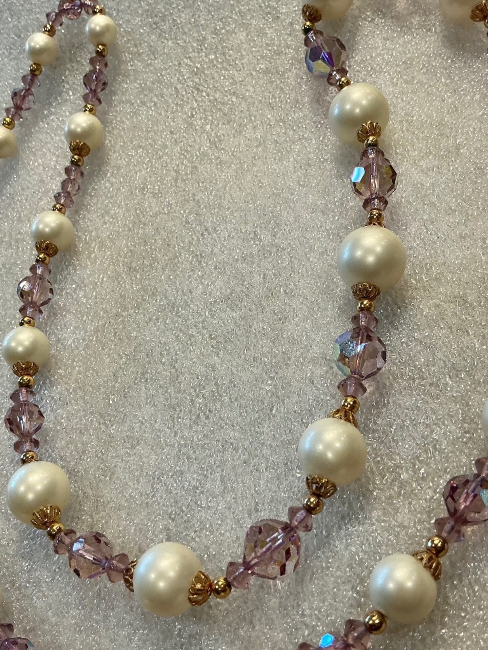 Vintage Faux Pearl and Lavender Crystal Beaded Necklace 34 Inch
